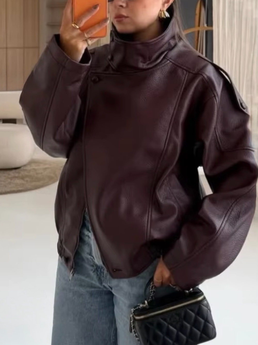 NWT Cemia Designed in LA Faux Leather High-Neck Bomber Jacket SZ M Burgundy
